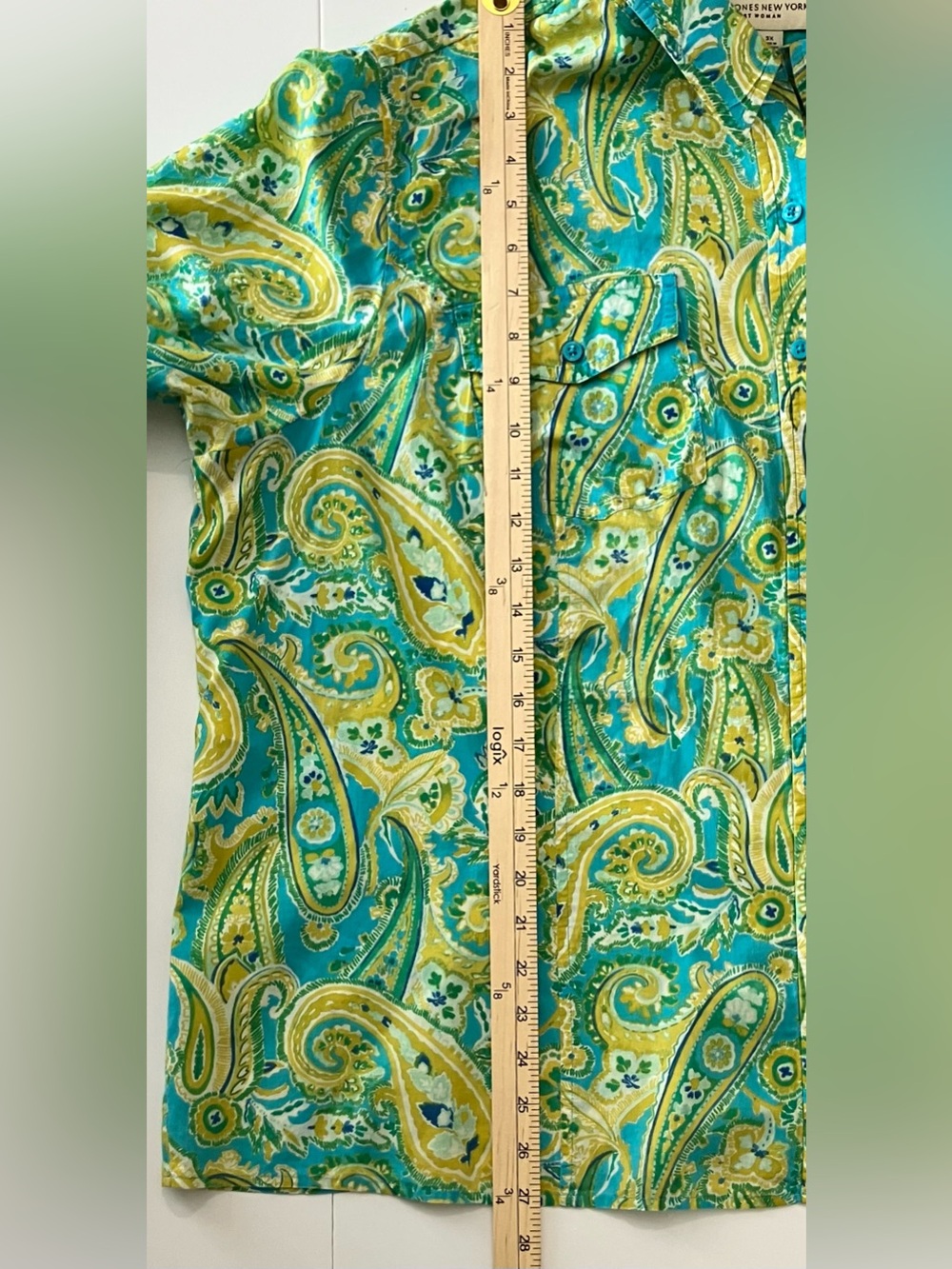 Jones New York Top 3X Blue Green Button Down Paisley Preppy Office Cotton - Picture 9 of 10